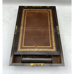 Victorian walnut writing box with Tunbridge ware banding, mother-of-pearl inlay and tan leather writing surface, L30cm 