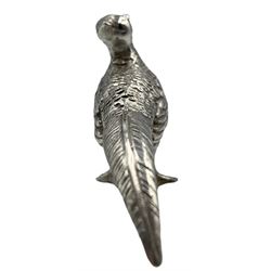 Three novelty silver animals modelled as a pheasant, otter and owl, by Sarah Jones, the pheasant dated 1997 L6cm, otter 1997 and owl 1993 (3)