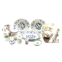 Pair of Meissen Onion pattern plates and matching oval dish with pierced border, 19th century Mason's Ironstone jug,  miniature Coalport Willow pattern jug & bowl, 19th century milk decanter and other 19th century ceramics 