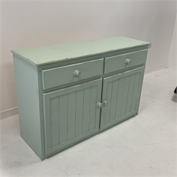  Solid painted pine dresser base with two drawer and two cupboards, W138cm, H92cm, D46cm  