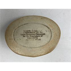 Royal Doulton Wright's coal tar soap dish modelled with a dragonfly stamped to underside, together with a Doulton scent bottle with acorn top and pepper pot max W16cm (3) 