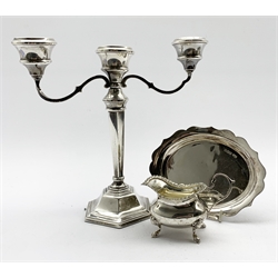 Silver three branch candelabrum with tapering column and hexagonal base  H22cm Birmingham 1971 Maker Sanders & Mackenzie, silver oval shallow dish W15cm and a small silver cream jug 