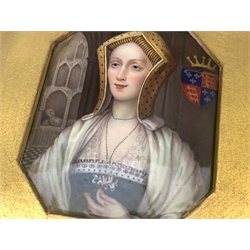 Attrib. Henry Bone (British 1755-1834): 'Henry VII', 'Margaret Plantagenet, Countess of Salisbury' and 'Lady Catherine Pole', set three octagonal enamel on copper portrait miniatures unsigned, each titled in pencil verso and numbered 8802 on top edge of frame 8.5cm x 7cm (3)
Provenance: by repute from the collection of the Marquis of Hastings, sold in 1869, information attached to reverse of Margaret Plantagenet picture.