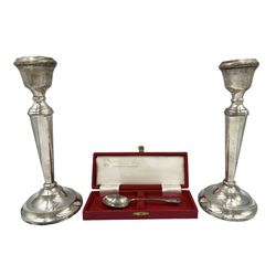 Pair of modern silver candlesticks H24cm, Birmingham 1972 Maker A T Cannon Ltd,  and a cased silver teaspoon by Cooper Brothers, Sheffield