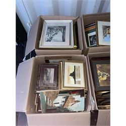 Six boxes of assorted pictures to include original watercolours and oils, prints, engravings and etchings 