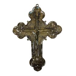 18th century Continental bronze tripod candlestick, with faceted candleholder, tapering square stem, dished circular base with three outswept supports H18cm, brass relief decorated crucifix, together with an Eastern silvered metal hookah base (3)