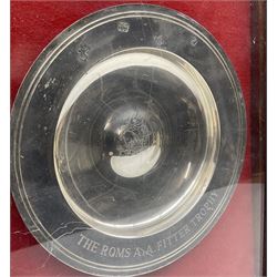 Silver Armada dish engraved with Duke of Wellington's Regiment crest and inscription in glazed case D17cm London 1979 