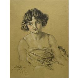 French School (Early 20th century): Portrait of a Young Woman, charcoal and pastel indistinctly signed and dated 1919, 44cm x 33cm