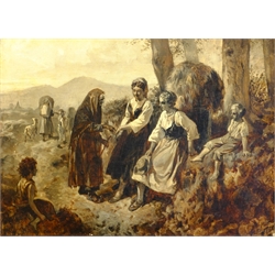 Carl Friedrich Koch (German 1856-1927): The Fortune Teller, oil on canvas en grisaille signed 44cm x 60cm