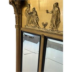 19th century giltwood and gesso overmantel mirror, stepped and moulded globular cornice over frieze decorated in relief with classical Roman chariot scene, three bevelled plates enclosed by ebonised mouldings, flanked by lobed half pilasters with scrolled acanthus leaf capitals
