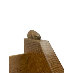Rabbitman - oak book trough, triangular end supports, carved with rabbit signature, by Peter Heap, Wetwang 