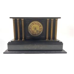 Victorian architectural slate mantel clock, the gilt metal and ivorine dial with Roman chapter ring, flanked by six gilt fluted pilasters, on a stepped base with incised scrolled floral decoration, raised on an ebonised plinth, eight day movement striking hammer on coil W49cm