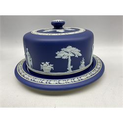 Group of late 19th/20th century Wedgwood dark blue jasper dip items comprising cheese dish and cover, biscuit barrel with plated cover, two handled vase H24cm and two jugs (5)