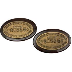 Pair of LNER brass oval engine work plates No.60855, Darlington Works 1939 from V2 locomotive mounted on wooden boards W22.5cm 