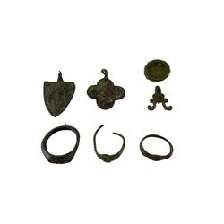Medieval to Post-Medieval - collection of finger rings including signet ring, with two Medieval pendants, mostly copper alloy together with large collection of similar period clasps and watch fob, circa 1300-1750