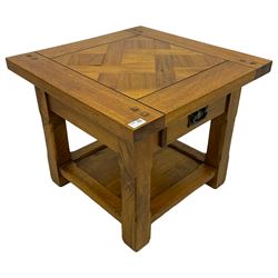 Hardwood lamp or side table, square parquetry top over single drawer, square supports joined by undertier