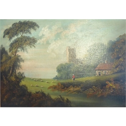  English Primitive School (19th century): Landscape with Ruined Castle and Sheep Grazing, oil on canvas unsigned 45cm x 65cm   