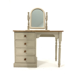 20th century painted pine dressing table, the top raised on a bank of four drawers and turned supports, (104cm x 45cm, H80cm) with an assosiated painted pine table top dressing mirror 