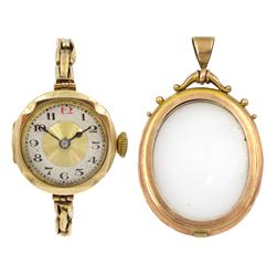 Victorian gold glazed pendant, stamped 9ct and a 9ct gold manual wind wristwatch, hallmarked, on gold expanding strap, stamped 9ct