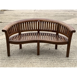 Teak garden bench, curved back and serpentine slatted seat, with seat cushion, W168cm
