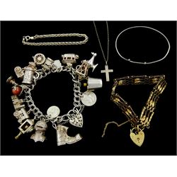 9ct gold four bar gate bracelet, hallmarked, silver charm bracelet including Champagne bottle and bucket, helmet, boot and cable car and other silver jewellery