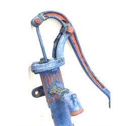19th century blue and red painted cast iron water pump, H69cm