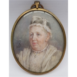 Janet S Robertson (British 1880-1966): Portrait of a Victorian Lady, watercolour miniature on ivory signed with monogram and dated 1910, 7cm x 5.5cm