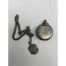 Silver half hunter lever pocket watch by J.W. Benson, hallmarked, back case engraved and dated 1937 and a silver Albert chain with fob