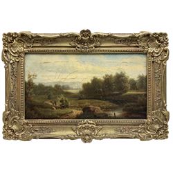 Jules Ernest Devaux (French 1837-1891): Rural Landscape with Bridge and Figures, pair oils on canvas signed and indistinctly dated 25cm x 45cm