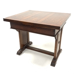  Early 20th century oak duo draw leaf table with panel end supports united by stretcher, 91cm x 81cm, H79cm  