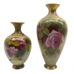 Early 20th century Royal Worcester vase, of ovoid form, hand painted with roses, upon circular gilt foot, with puce printed marks beneath including shape number 312, and date code for 1915, H13.5cm and another similar vase, with puce printed marks beneath including shape number 302B, and date code for 1918 (2)