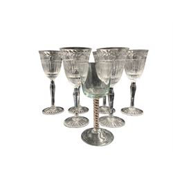 Set of six large glass goblets, H22.5cm together with a 20th century glass goblet with bucket bowl and double series twist stem, H18.5cm