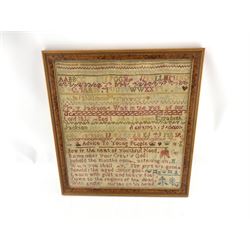 George III needlework sampler by Mary Elizabeth Jackson, dated 1803, worked with the alphabet, numbers and clovers, 24cm x 27cm, a William IV sampler by Mary Jackson dated 1835, worked with the alphabet, family members' names, 'Advice to Young People', trees etc, 44cm x 40cm, together with a third unfinished sampler, all in matching frames (3)
