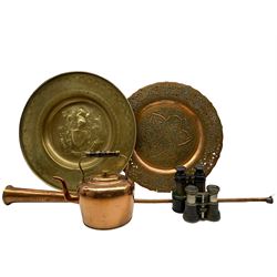 19th century copper kettle, 19th century wrought iron and brass trivet, vintage copper and brass coaching horn engraved GIIIR London York, two pairs of binoculars, etc   