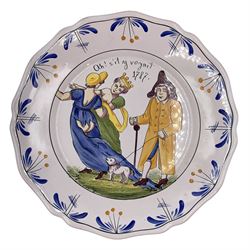 Seven 18th century style French Faience revolution commemorative plates, each hand-painted in polychrome enamels and depicting various satirical scenes including the Execution of Louis Capet, 1793, Route de St. Cloud, 1793, Ah s'il voyait, 1787 (Ah, if he saw), Femme Brunet bonne citoyenne, 1793 (Woman Brunet good citizen) and others, D23.5cm (7)