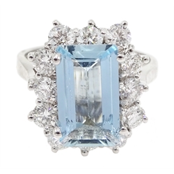 18ct white gold emerald cut aquamarine and diamond cluster ring, hallmarked, aquamarine approx 1.85 carat, diamond total weight approx 1.30 carat