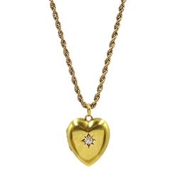 Edwardian 15ct gold old cut diamond, heart shaped locket pendant stamped, on 9ct gold rope twist necklace