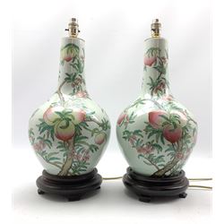 Pair of Chinese style bottle shaped table lamps, hand-painted with fruit and foliage, on hardwood plinths, H52cm overall 