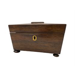 Victorian rosewood sarcophagus form tea caddy, with brass escutcheon, the interior with two lidded cannisters, raised on four bun feet, L19.5cm x H12cm 