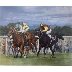 After Desmond Snee (Irish 20th century): 'Arkle and Pat Taffe', colour lithograph signed and numbered 404/475 together with After Mike P Heslop (British contemporary): Horse Racing, pair colour lithographs signed and numbered 154/500 and 113/500 max 46cm x 64cm (3)