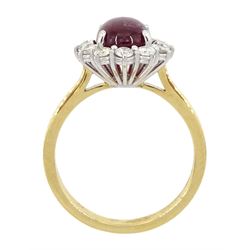 18ct gold oval cabochon ruby and round brilliant cut diamond cluster ring, hallmarked, ruby approx 3.20 carat, total diamond weight approx 0.30 carat