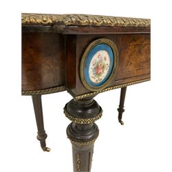 19th century French walnut hall table, the crossbanded top with ormolu mounts over one frieze drawer, raised on turned and fluted supports, terminating in ceramic castors 