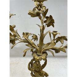 Pair of 19th century French ormolu candelabra in Louis XVI style each with five naturalistic scrolling floral and foliate branches, each supported by a cherub holding a flaming torch on marble bases with compressed circular feet H64cm  Provenance:  3rd Earl of Feversham