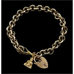 Early 20th century low carat gold link bracelet, with 9ct heart locket charm, Buddha charm and clasp