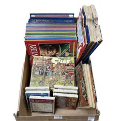 Collection of Discovery magazines, Giles and Andy Capp books, vintage mono tapes etc in one box together with vintage Minitex knitting machine
