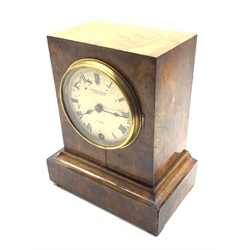  19th century walnut cased mantel clock time piece, Roman dial signed 'Camerer Cuss & Co. 56, New Oxford St. London', single train movement, with label inside door, H24cm  