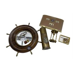 WW2 trench art table lighter bearing Polish Army cap badge, oak ships wheel form mirror with Rhodesia Castle inset plaque, Rhodesia badge, WW2 Polish bracelet and enamel badge and other related items