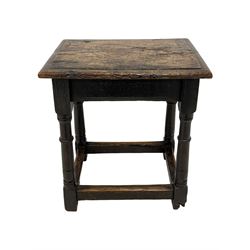 17th century oak joint coffin stool, moulded rectangular top over moulded frieze rails, pegged turned supports joined by plain stretchers