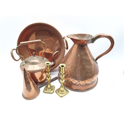 Victorian copper gallon measure inscribed 'Beverley', brass two handled circular pan D39cm, copper ale muller, copper kettle and a pair of brass candlesticks