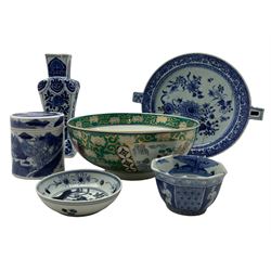 18th century Chinese square section vase decorated in blue and white, possibly for the Islamic market H24cm, Chinese provincial saucer dish, hot water plate, two other Chinese items and a Japanese bowl D25cm (6)